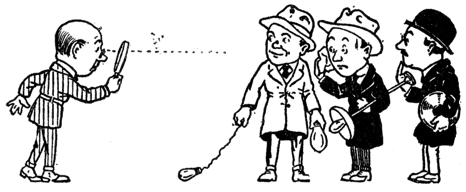 Man with a magnifying glass looking at a group of men in hats.