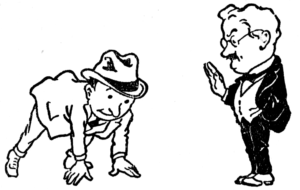 Man in hat about to race, while another man looks on, holding his palm up. Perhaps other man is in fact bowing, it is hard to say.