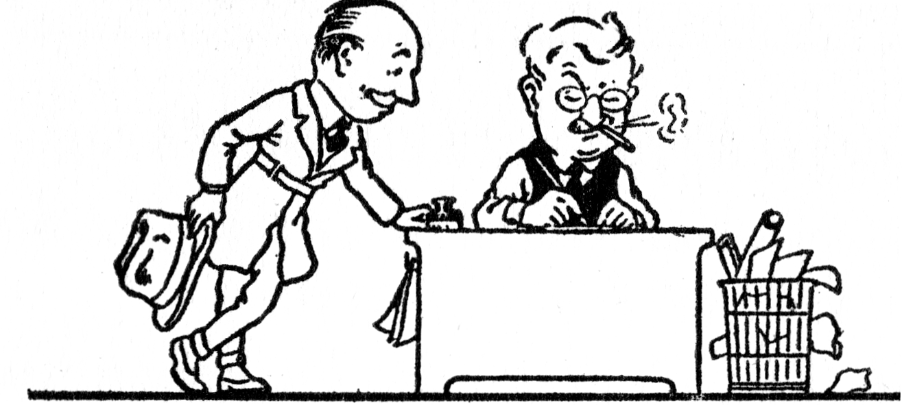 one man leaning on desk of another