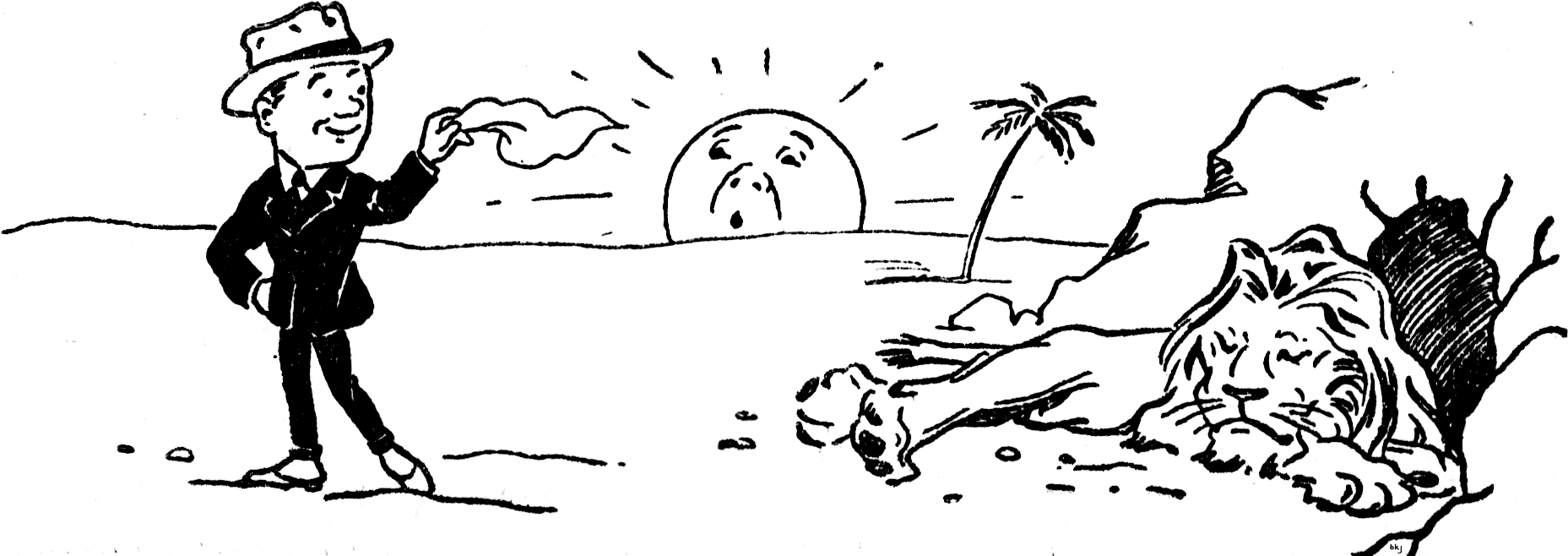 Man waving at a lion in its den. The sun is on the horizon, and looks worried.
