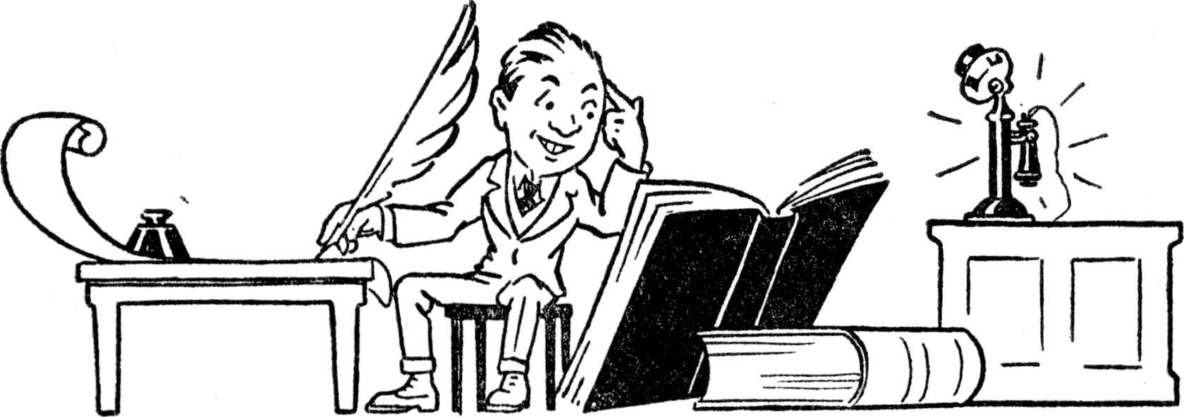 A man writing with a large quill feather pen looking at an enormous book while the phone rings