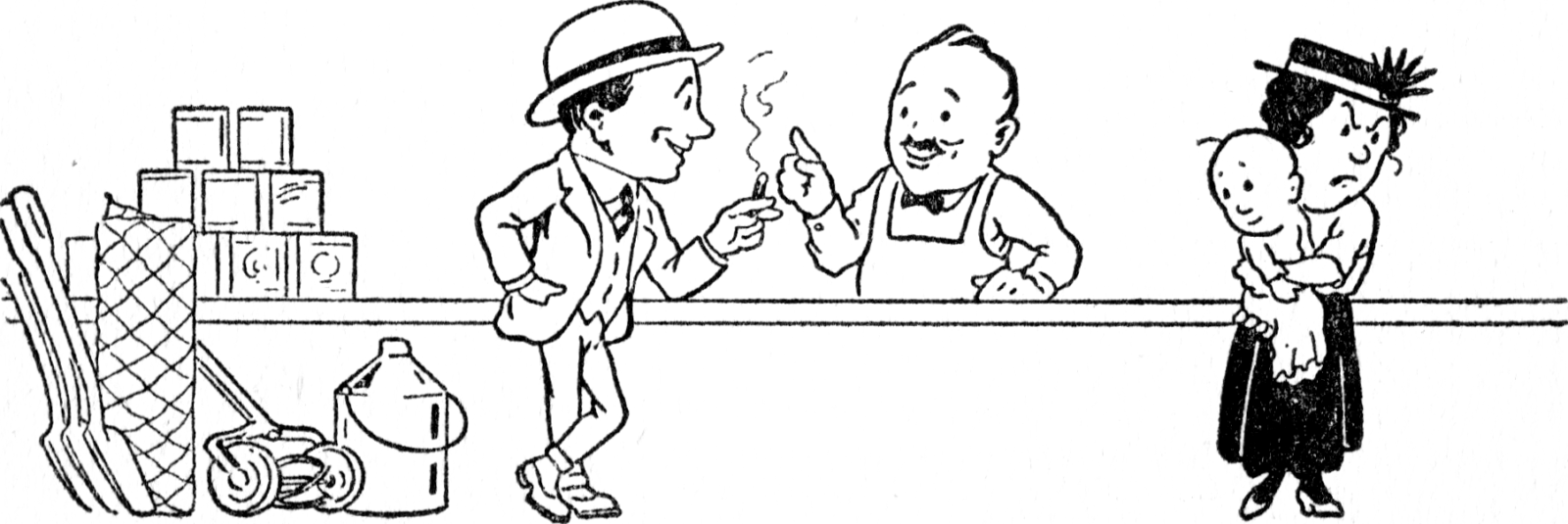 Men at a counter chatting away, with woman who is holding a baby.