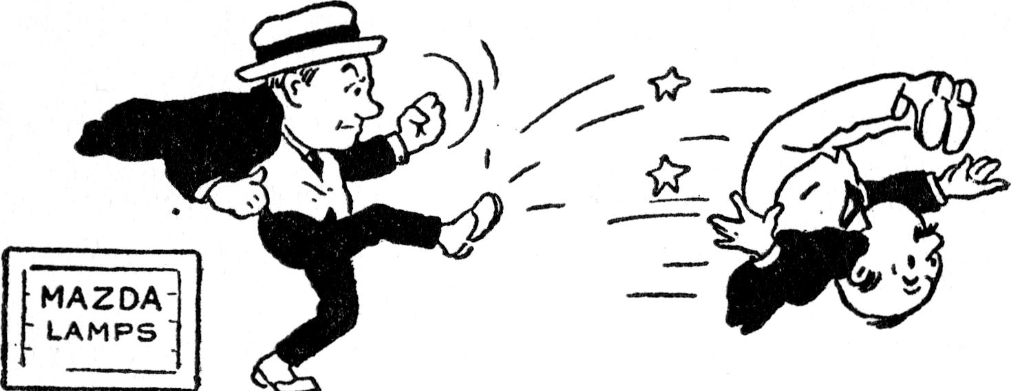 One man kicking another, with a crate of Mazda lamps in the background.