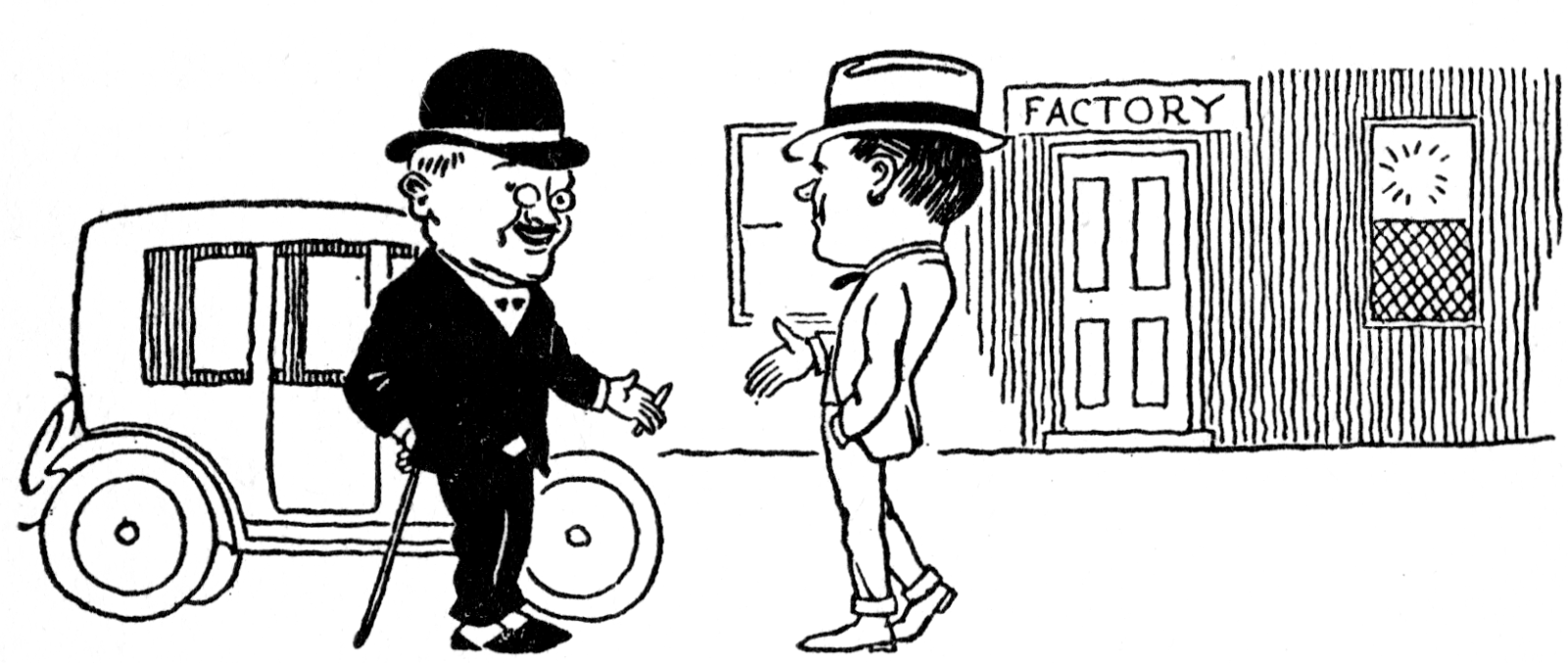 Man in a dark suit, in front of a car, greeting a man in a light suit.